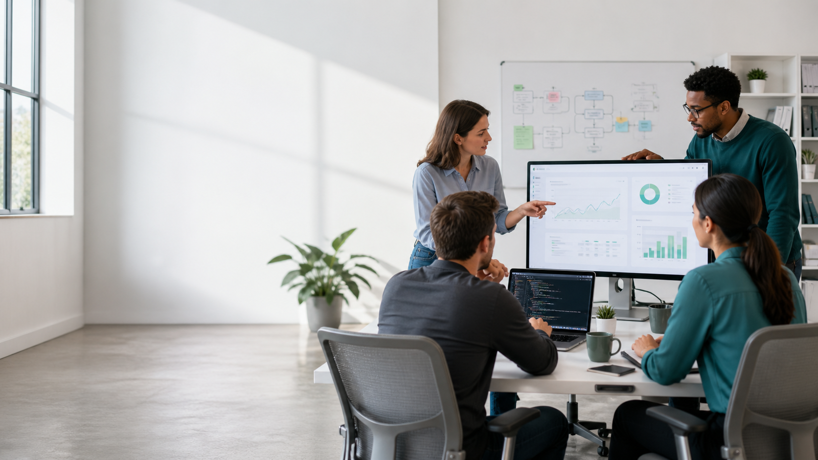 A software team reviewing a business system together